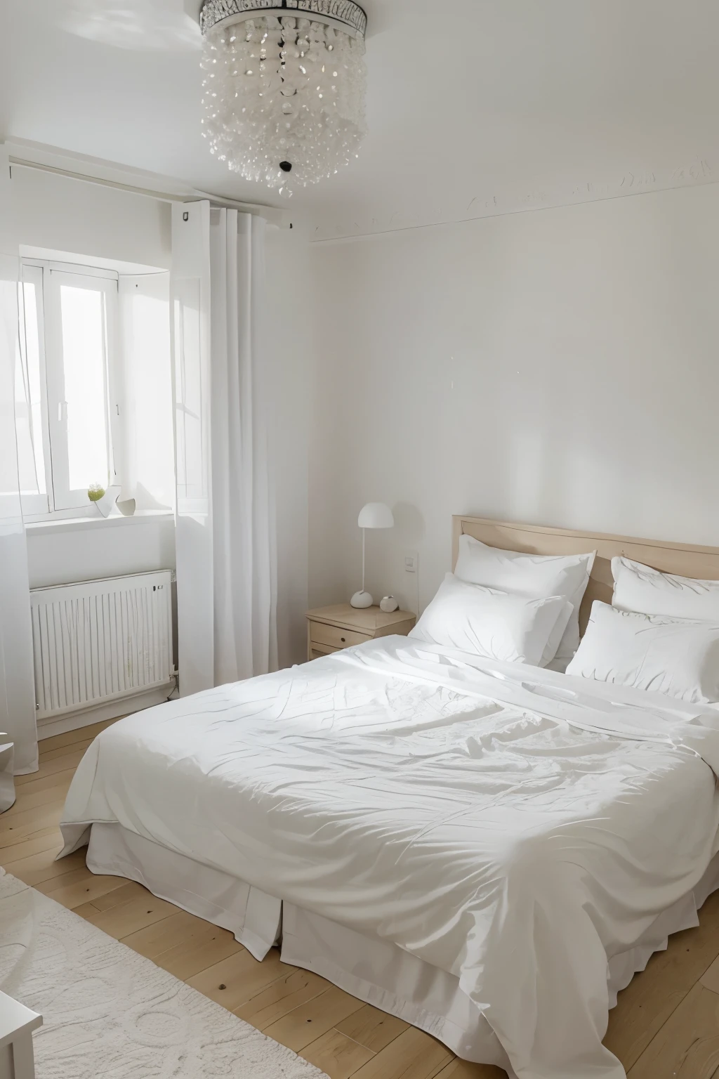 Chambre avec plafond et murs blanc,un grand lit tout blanc luxueux et lumière blanche sur les cotés avec fourrure,des petites table de nuit sur les deux cotés du lit