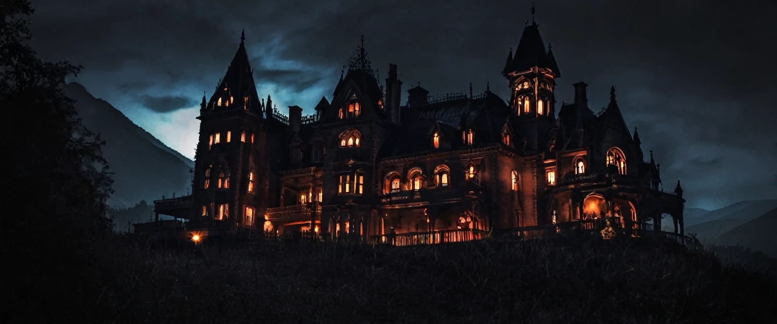 Dark gothic mansion on mountain night horror lights off