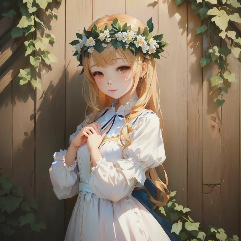 anime girl with flower crown standing in front of wooden fence, in dress, anime visual of a cute girl, cute anime girl, painted in anime painter studio, guweiz on pixiv artstation, beautiful anime portrait, cute anime waifu in a nice dress, artwork in the style of guweiz, cute anime girl portrait, kawaii realistic portrait