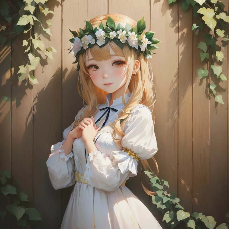 anime girl with flower crown standing in front of wooden fence, loli in dress, anime visual of a cute girl, cute anime girl, painted in anime painter studio, guweiz on pixiv artstation, beautiful anime portrait, cute anime waifu in a nice dress, artwork in the style of guweiz, cute anime girl portrait, kawaii realistic portrait