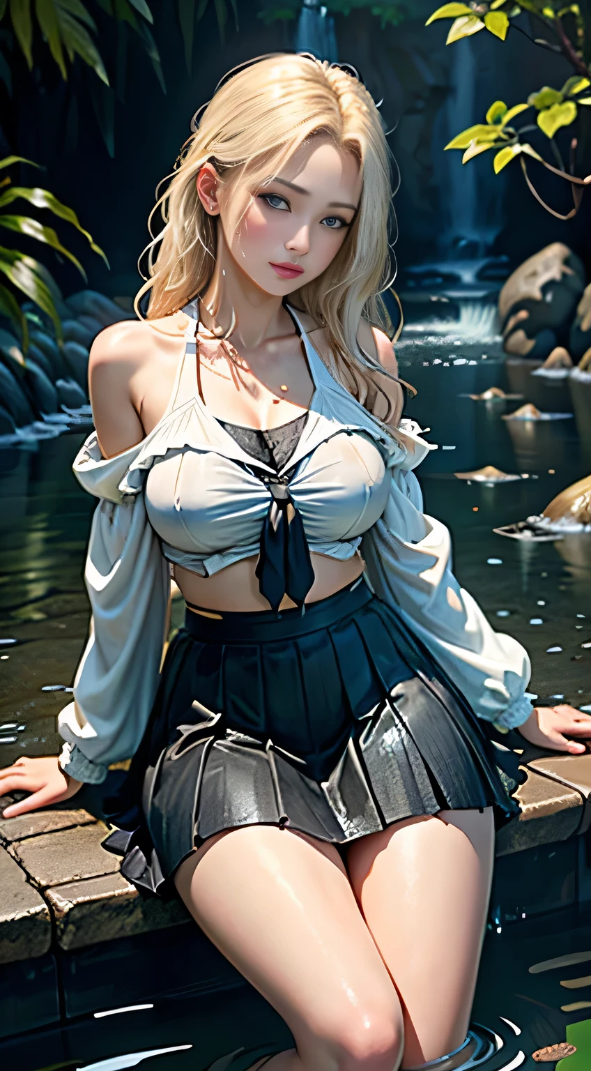 sfw, 18 yo woman in a is sitting in the water, long sleeves, cardigan, (tie), ((pleated skirt)), closeup water , beautiful maiden, wearing a skirt made of water, cleavage, realistic, dripping wet, in water up to her shoulders, beautiful realistic painting, nymph in the water, hyperrealist portrait in a river, hyperrealistic fantasy art, splashing, realistic fantasy painting, cute shot, narrow depth of field, 8k, ((drenched)), ((soaked)), (dripping water), dripping oil, heavy clothes, soaked , wet all over, rouge lipstick, wet dripping hair, blonde hair, wearing bra,((skinny waist)), young asian girl, ((big breasted)),