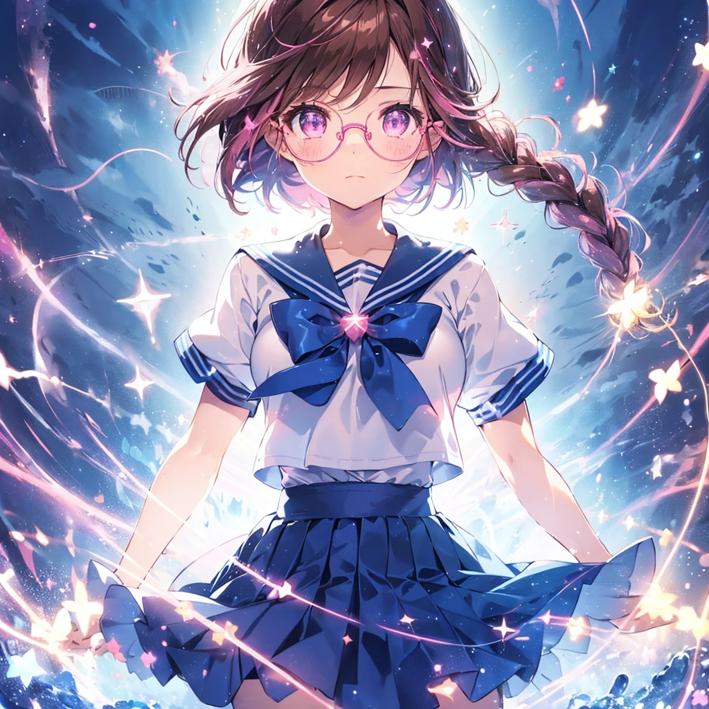 1girl, magical girl, transformation scene, glasses, brown eyes, long brown hair in single braid, sailor uniform with blue collar and skirt, red neckerchief, ((shimmering pink light particles:1.2) enveloping the girl's body), (large breasts), large buttocks, voluptuous, bright beams of light in the background