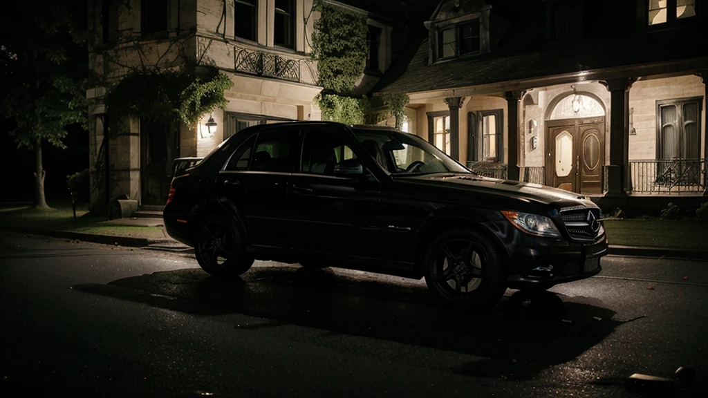 Car Breaking Down: A hot women getting out of a black mercedes benz car that has broken down in front of an old, spooky mansion, night seen, surrounded by darkness, high quality