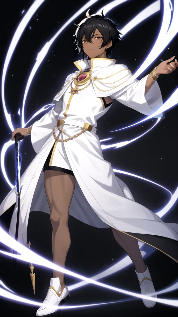 Anime style，Full body，male，dark skin，short black hair，White highlights，wizard，Minimalist background