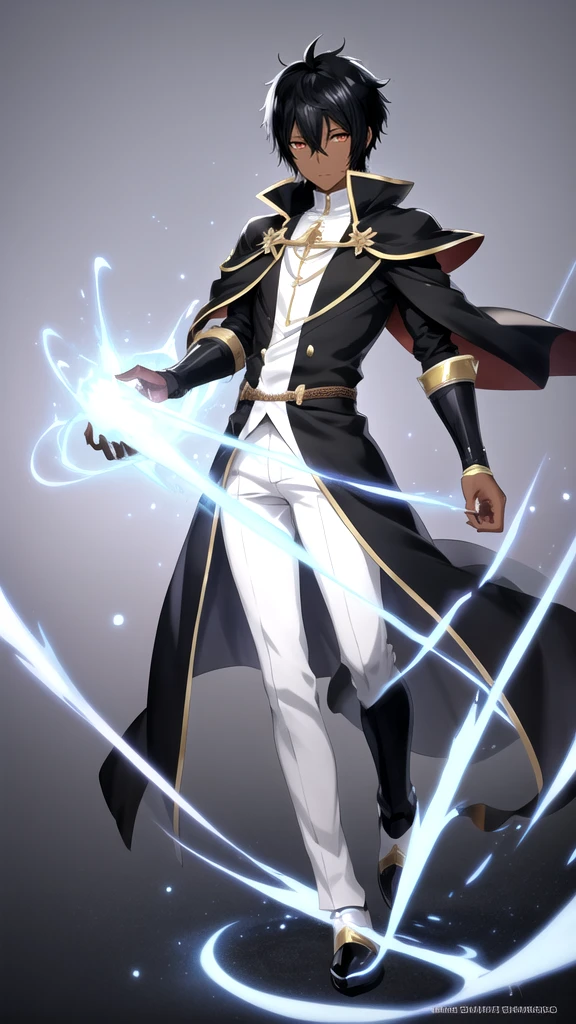 Anime style，Full body，male，dark skin，short black hair，White highlights，wizard，Minimalist background