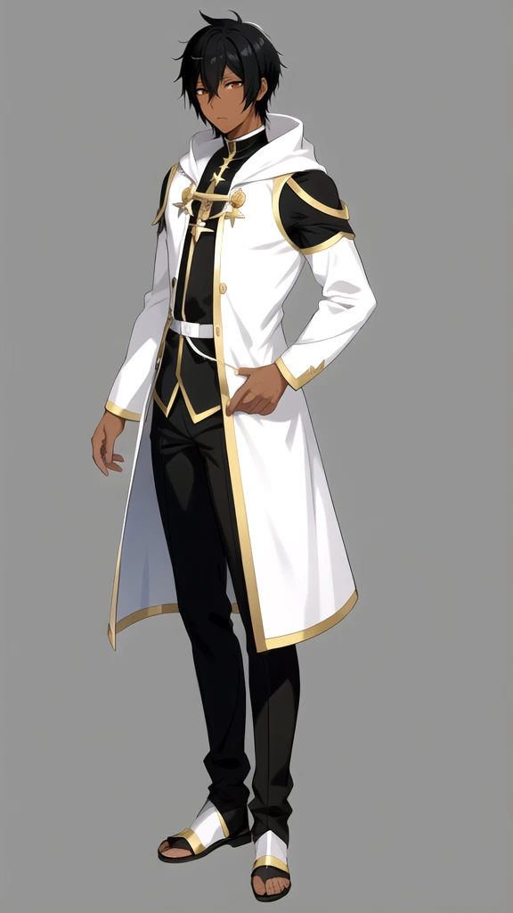 Anime style,Full body,male,dark skin,short black hair,White highlights,wizard,Minimalist background