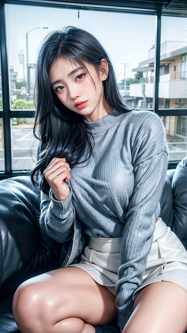 21yo girl,blue hair,bob hair, (wearing big dark blue sweater),(wearing white skirt), (dark blue sweater), natural medium breast, plump body,single sidelock hairpin blush modern cinematic lighting,ray tracing,drop shadow wide shot UHD,textured skin,high details,best quality 4K