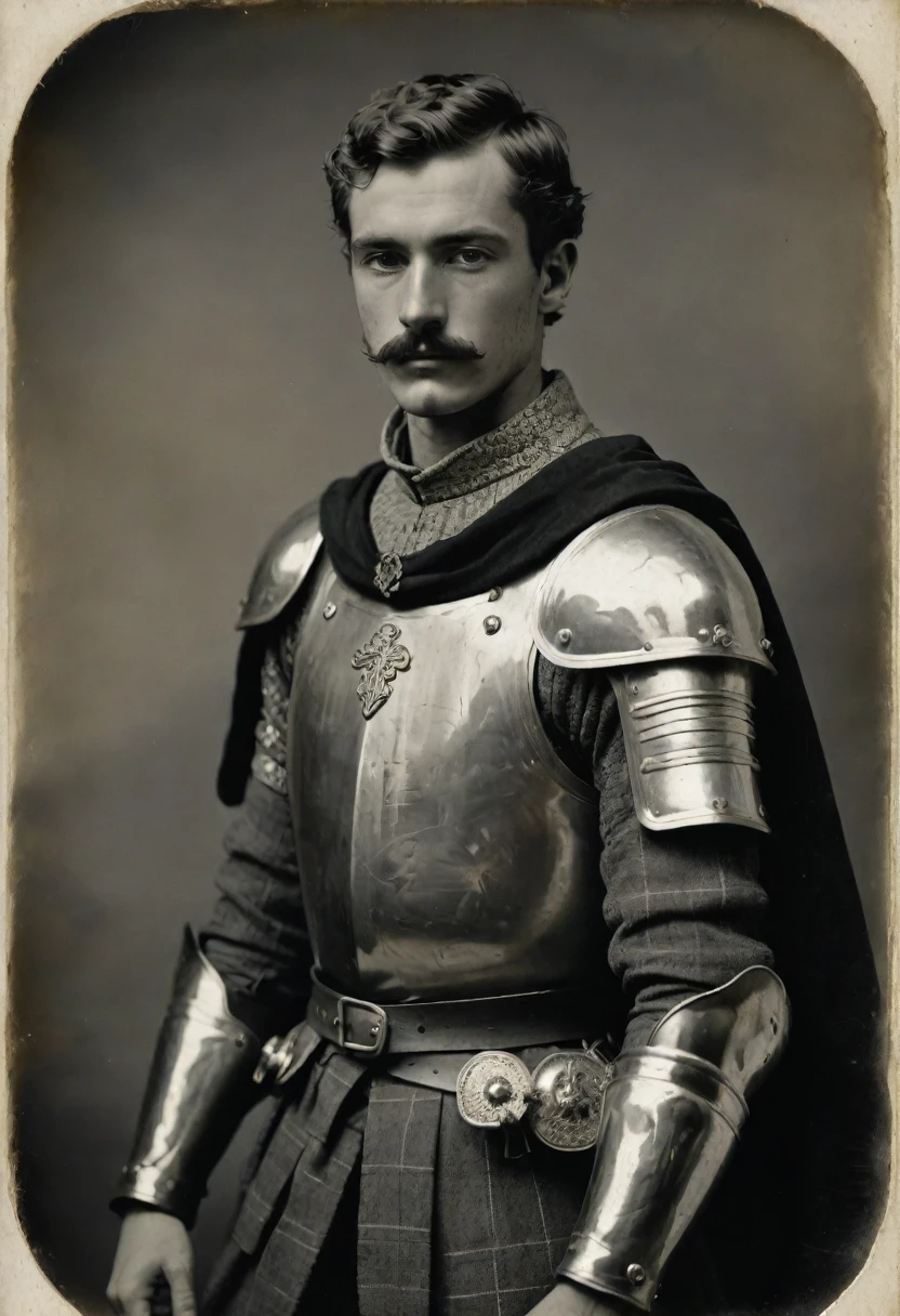 by Moebius, by Théodore Géricault, ((((Rough monochrome, daguerreotype on old paper, male focus)))), the composition is: ((((a cute, young male knight, sullen, facing viewer, mustache, buzzcut. He is wearing plate armor, he is wearing neck ruffles, a tartan cape with renaissance elements, sashes, medals, Celtic pendants, Celtic influence))))
