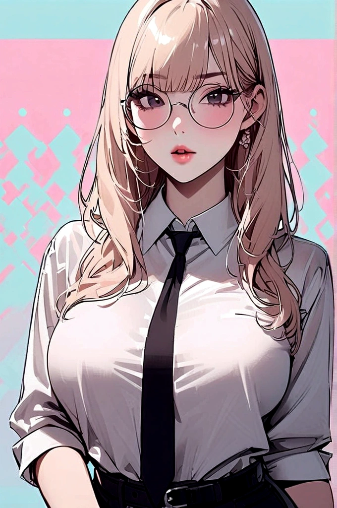 Girl, light blonde hair, black eyes, white shirt, pastel colors, big breast, lipgloss, big round glasses, korean, straight bangs, pink cheeks, sexy, professional, smart, black tie, elegant, hot