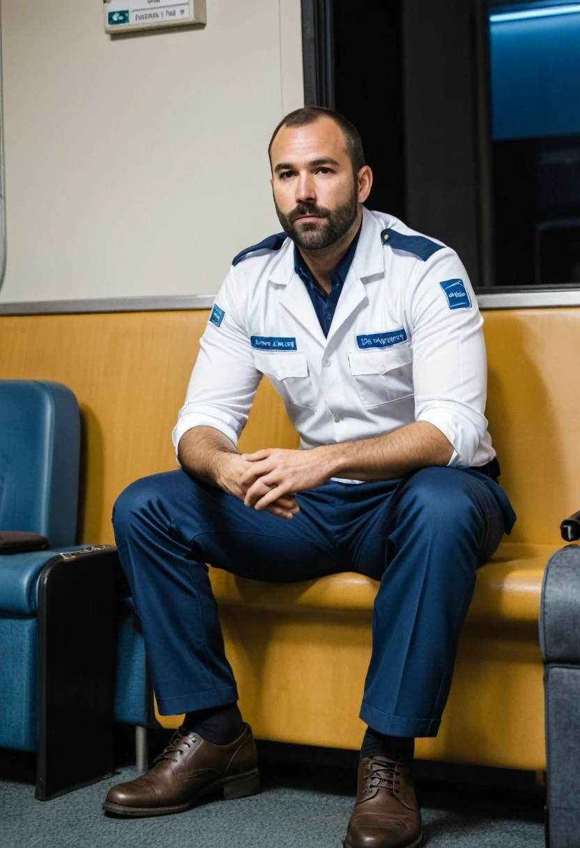 RAW photo, full body, a 35-year-old man, ((dressed as a lab Bus Driver)), is sitting on a guest sofa, looking towards the audience, wearing shoes, with both hands forward on his knees, straight forward position, wear trousers