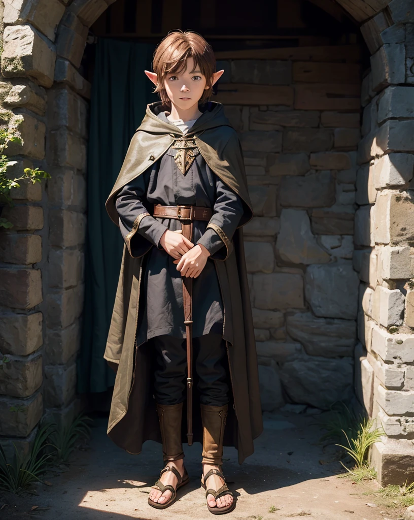 Young 12-year-old boy with pointed elf ears, auburn hair and brown eyes, innocent and happy, dressed in sleevless black medieval tunic, sandals, hooded cloak, weilding greatstaff; fullbody; short hair, boyish scrawny, medieval castle background