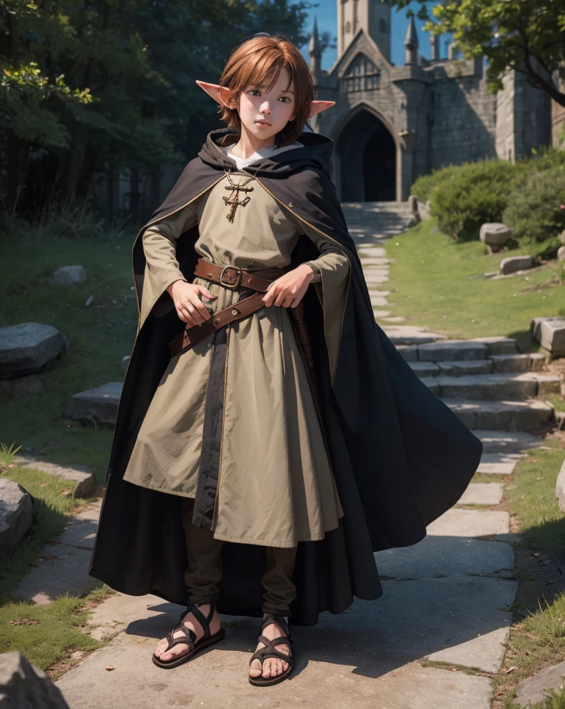 Young with pointed elf ears, auburn hair and brown eyes, innocent and happy, dressed in sleevless black medieval tunic, sandals, hooded cloak, weilding greatstaff; fullbody; short hair, boyish scrawny, medieval castle background