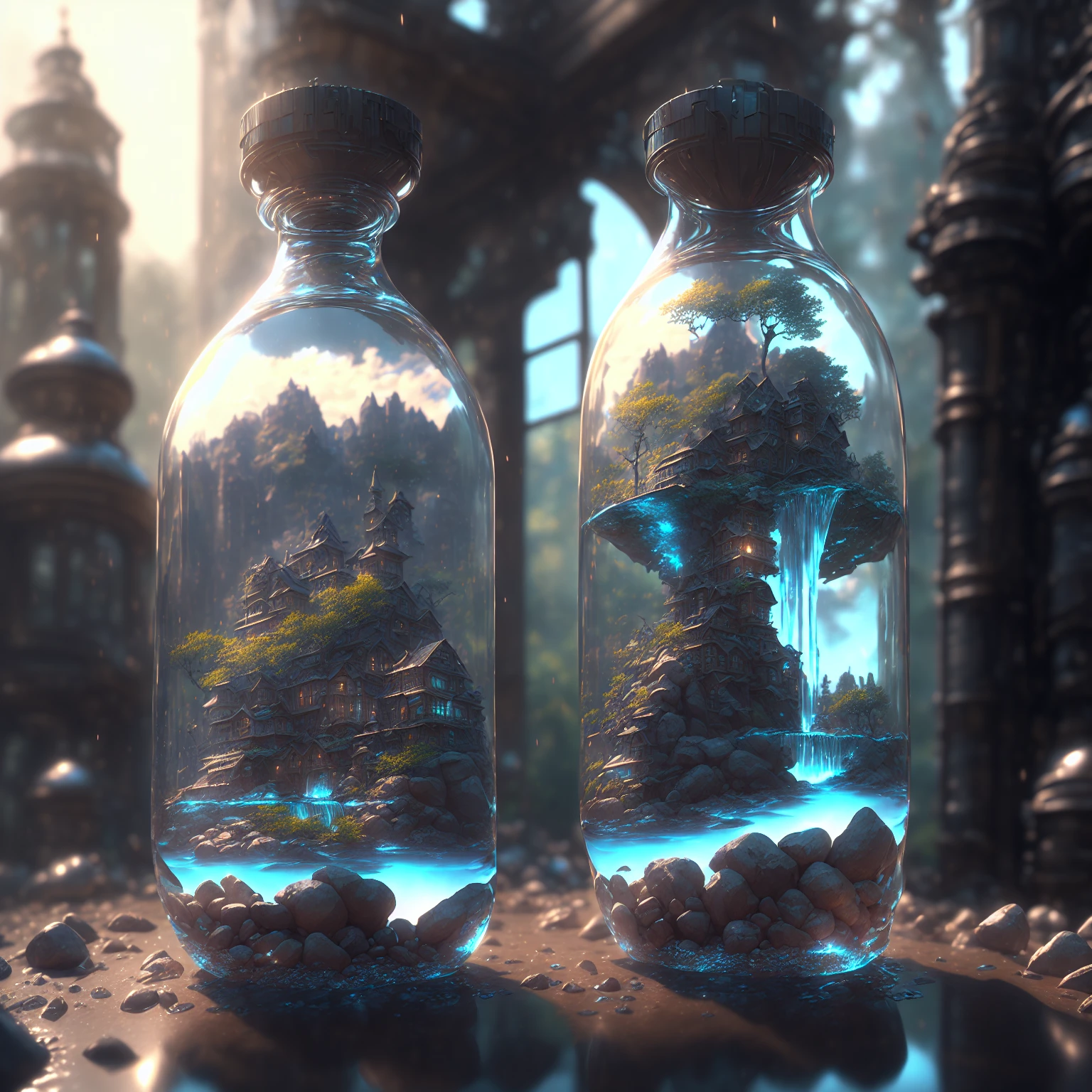 dreamlike art world in a bottle, realistic, photo, canon, dreamlike, art, colorful waterfall hyperdetailed photorealism by greg rutkowski - h 1024 w 804 | f 1 6 lens mark 2:2 s 3555 mm film grain :1 lifelike high res sharp focus contrast!! intricate detailed atmospheric light refraction lighting unreal engine 5 cinematic concept photography masterpiece octane render trending at cgsociety rendered as