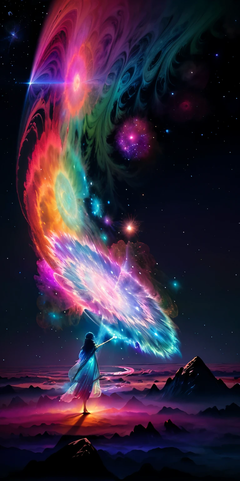 Spectacular beyond imagination、A figure emerges from a glowing cloud, Fractal Nebula Thread, universe entities, Celestial, universe, Vibrant and lively, Swirl, Spin around, unrealistic, High Contrast, Symbolism, Magic, Mysterious, mysterious, Surreal, Supersaturation, Colorful