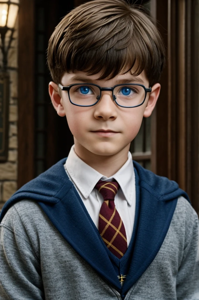 11 year old boy with blue eyes and glasses, short funny hair,and Hogwarts 