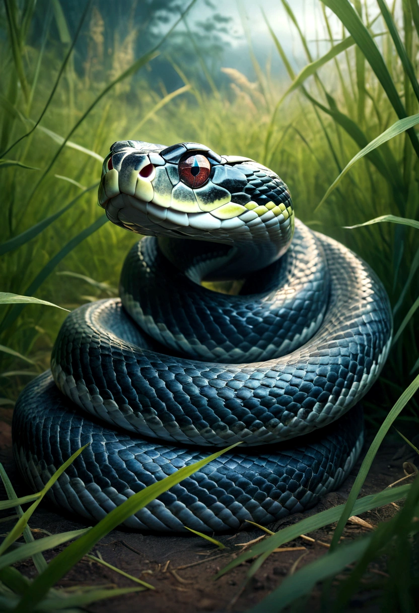 a large snake coiled in tall grass, highly realistic, hyper detailed, 8K, photorealistic, sharp focus, physically-based rendering, ultra-fine details, vivid colors, cinematic lighting, dramatic lighting, natural lighting, moody atmosphere, sense of danger, cautious mood, ominous, sinister, unsettling, photographic, digital art, concept art, award winning