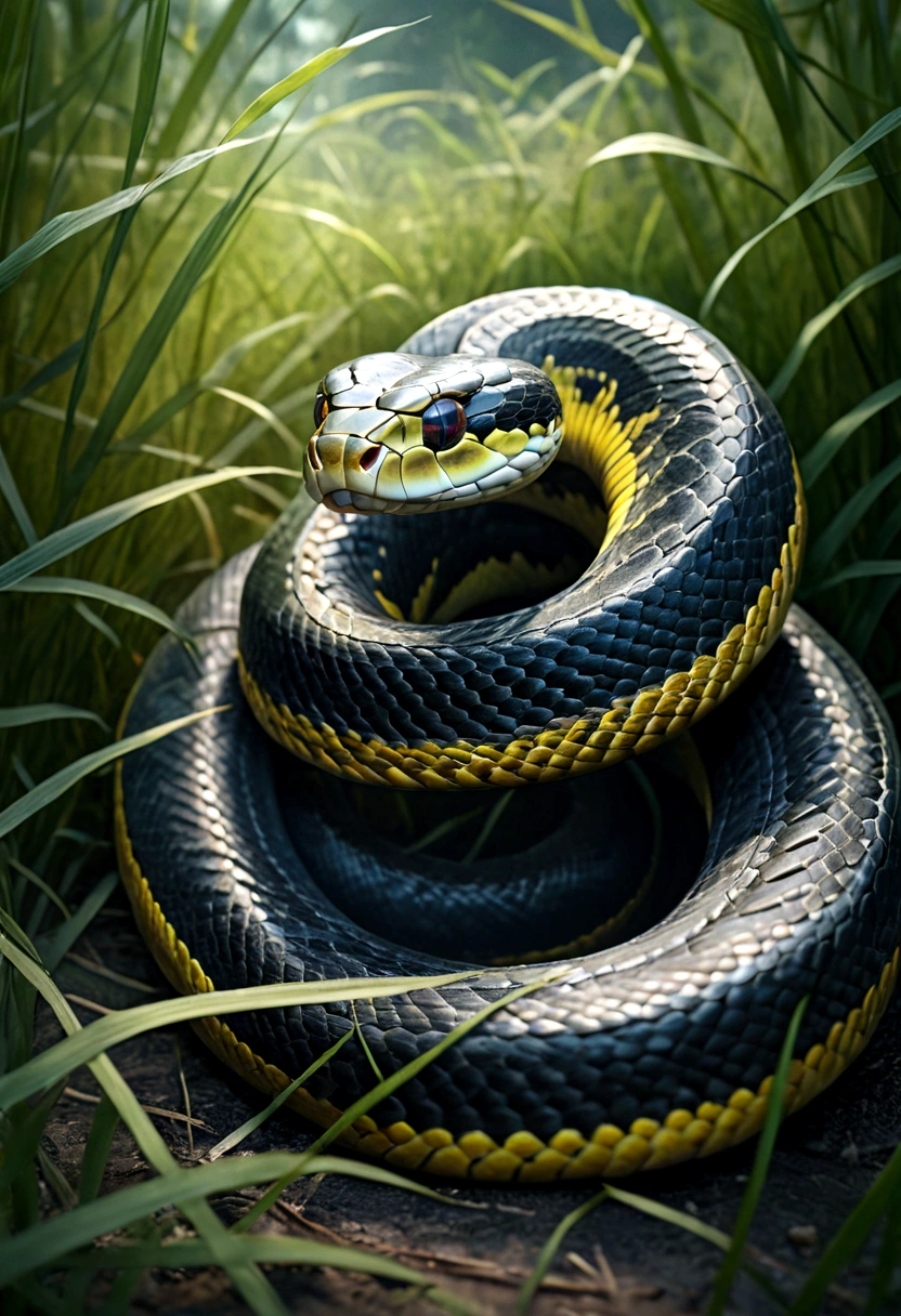 a large snake coiled in tall grass, highly realistic, hyper detailed, 8K, photorealistic, sharp focus, physically-based rendering, ultra-fine details, vivid colors, cinematic lighting, dramatic lighting, natural lighting, moody atmosphere, sense of danger, cautious mood, ominous, sinister, unsettling, photographic, digital art, concept art, award winning