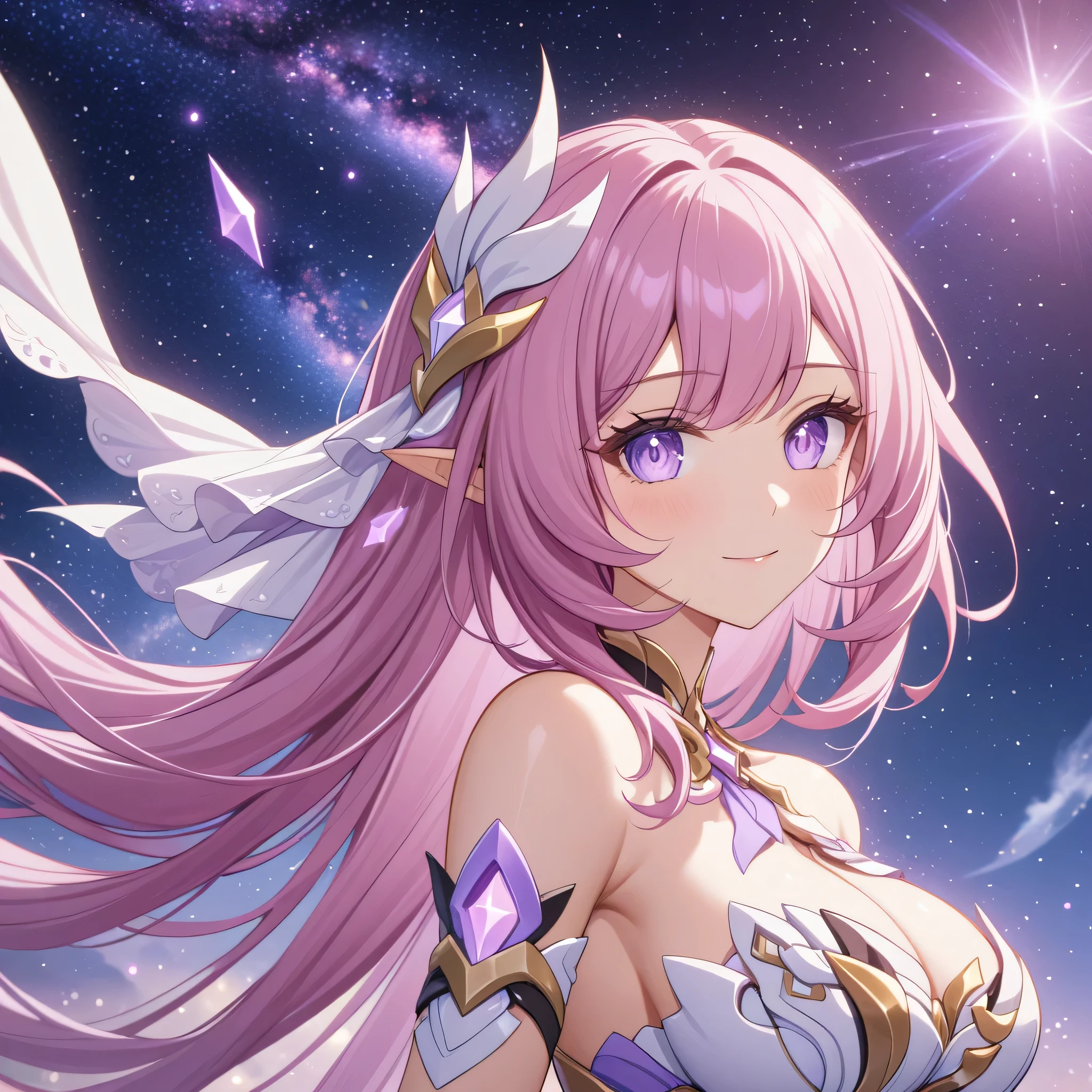 ai-generated,very aesthetic,1girl,elysia_/(herrscher_of_human:ego/)_/(honkai_impact/),pointed_ears,pink_hair,dreamy anime fantasy background,raytracing,light purple eyes,floating,light particles,dsmile,starry sky, shooting stars,celestial,intricate,large breasts,long eyelashes,goddess,(best quality,4k,8k,highres,masterpiece:1.2)