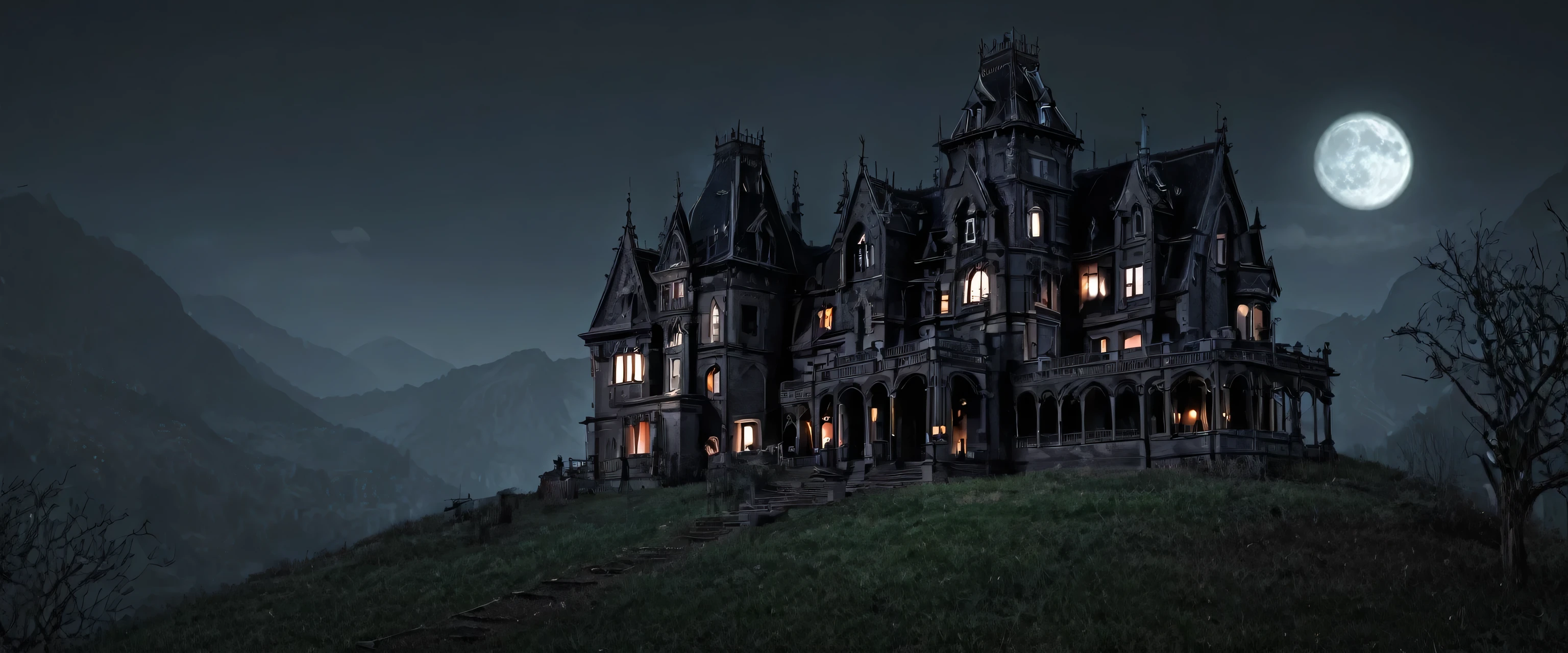 Dark gothic mansion on mountain night horror 