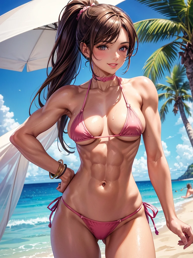 ,(best quality, ultra-detailed, realistic:1.37, masterpiece:1.2), woman, beautiful detailed eyes, beautiful detailed lips, brown hair tied up, smile,pink micro bikini, (muscular body:1.1),slim figure, caustics, textile shading, toned body, clean abs, palm trees swaying, ponytail,