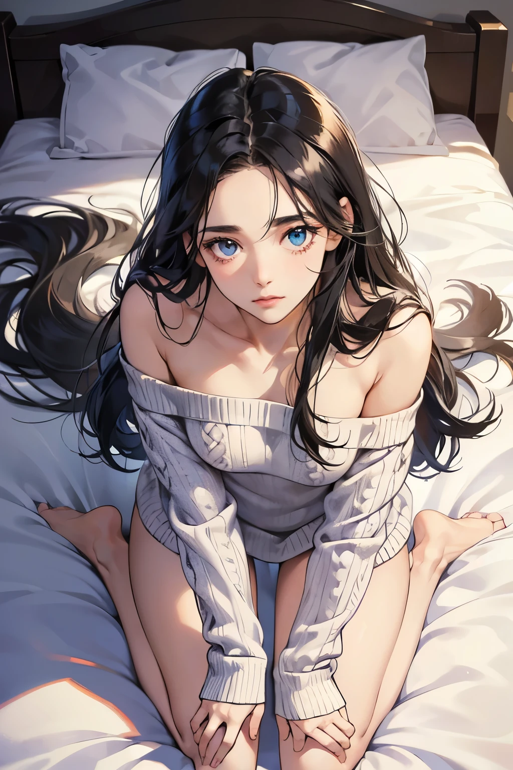 (Tabletop, Digital Art, Digital Illustration, 4K, 8K, Very detailed, Beautiful images, Clear images, Realistic, RAW Photos, Perfect Face, Perfect Lines, Perfect Eyes, Big eyes、Soft lighting) ,flat chest, blue eyes, forehead, black hair, long hair, masterpiece, best quality, 1 girl, 独奏, (shy, leaning forward,virgin killer sweater),bed sheet, on bed,white sweater,off shoulder,back cutout,Bare legs,