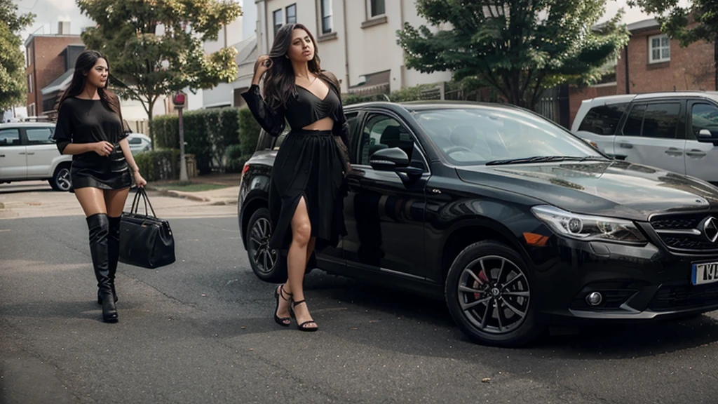 a women getting off from a black car