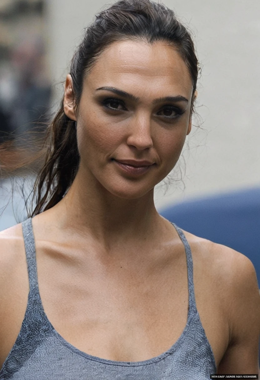   high quality   celebrity paparazzi   shot   , ( 40yo woman GalGadot, Photorealistic , Sdxl , lora, housewife, working, full upper body shot, solo, walking, sexy, wet sweaty hair ,tired  expression , no mmake-up :1.5, oily skin, sweaty ,random move , eextremely hot woman, , woman, actress , realistic babe,extremely realistic skin texture:1.4, she has extremely long straight hair  )  , wearing tight sweaty light blue color bright  tshirt  , tall woman, fit fleshy figure , shiny sweaty skin ,  vacation side, erotic angle (  depth of field, detailed face  ,insanely detailed skin texture, hyper detailed features )