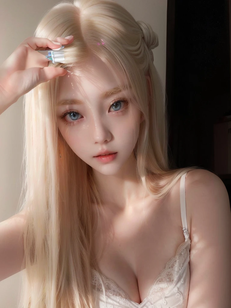 Blond-haired girl with long hair and white bra holding a hairbrush, pale milky white porcelain skin, long blonde hair and big eyes, korean girl, ulzzang, pale porcelain white skin, long blonde hair and big eyes, with long white hair, extremely pale blonde hair, with long white hair, beautiful south korean woman, long white hair and bangs