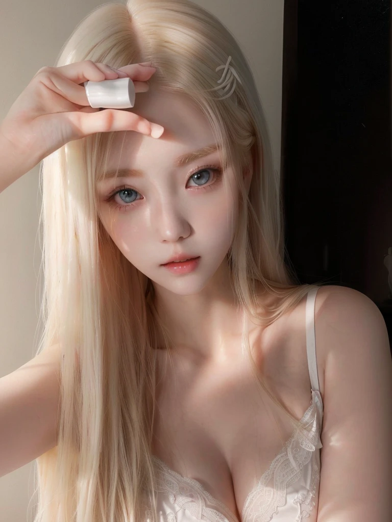 Blond-haired girl with long hair and white bra holding a hairbrush, pale milky white porcelain skin, long blonde hair and big eyes, korean girl, ulzzang, pale porcelain white skin, long blonde hair and big eyes, with long white hair, extremely pale blonde hair, with long white hair, beautiful south korean woman, long white hair and bangs