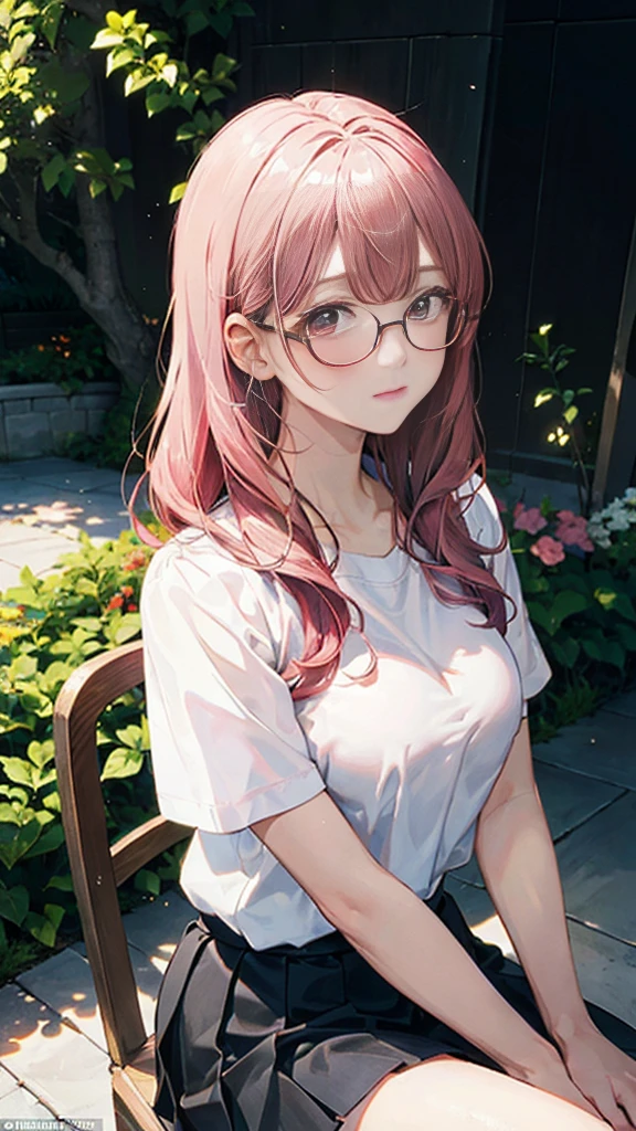 (masterpiece:1.2, Top quality),, Nice illustration, (Natural side Light, Light),
Looking at the audience, 1 girl,Protruding nipples, wear glasses,Pink hair,White shirt clothes,Hip skirt pants,Large Breasts,Sitting in the park pavilion