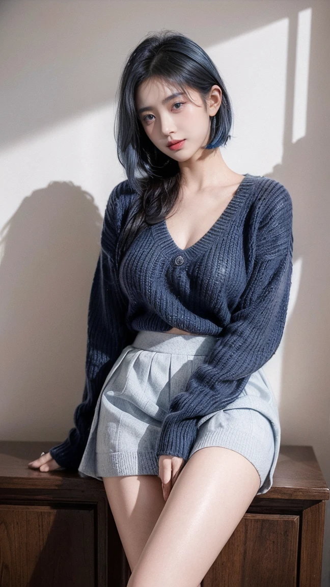 21yo girl,blue hair,bob hair, (wearing big dark blue sweater),(wearing white skirt), (dark blue sweater), natural medium breast, plump body,single sidelock hairpin blush modern cinematic lighting,ray tracing,drop shadow wide shot UHD,textured skin,high details,best quality 4K