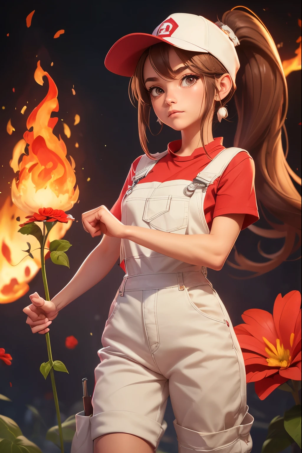 Woman, Brown Hair, long Hair, Ponytail, White overalls, Red Shirt, (Red Plumbers Hat with Letter M on front), Work Boots, ((Holding Single LArge Red Flower in Left Hand)), ((Magic fire in right Hand)), Angry Expression