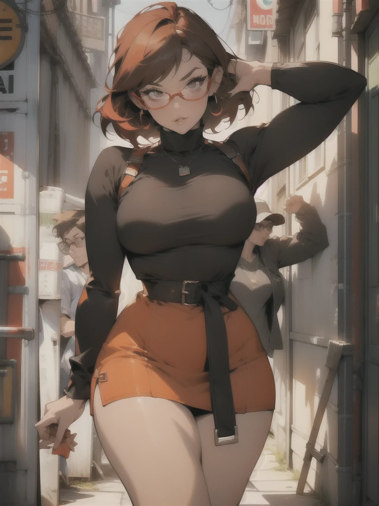 (((waist up))), (((perfect body))), (((voluptuous))), (((hot))), thick thighs, Velma Dace Dinkley teenager (from the Scooby-Doo series), posing for self with a ghost behind her, arm stretched out for freight as if she were holding a cell phone, comedic scene, perfect body, gorgeous and intelligent face, front view, mini skirt, glasses, big breasts, hot, short brown hair, orange turtleneck blouse,  red skirt, waist up