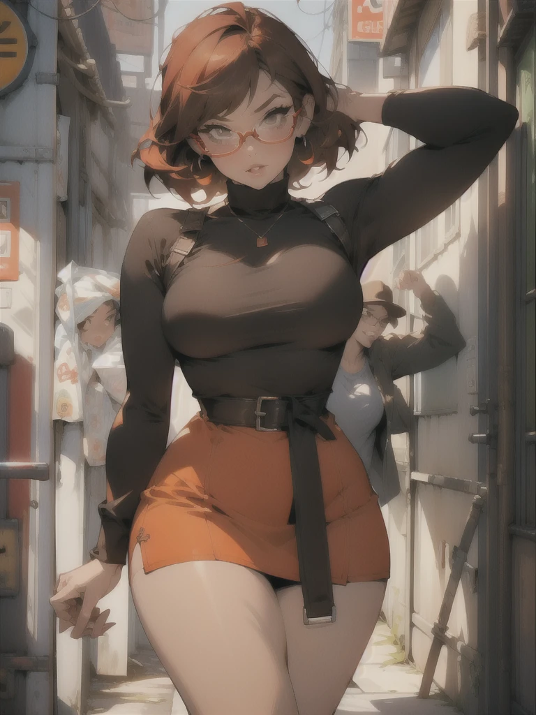 (((waist up))), (((perfect body))), (((voluptuous))), (((hot))), thick thighs, Velma Dace Dinkley teenager (from the Scooby-Doo series), posing for self with a ghost behind her, arm stretched out for freight as if she were holding a cell phone, comedic scene, perfect body, gorgeous and intelligent face, front view, mini skirt, glasses, big breasts, hot, short brown hair, orange turtleneck blouse,  red skirt, waist up