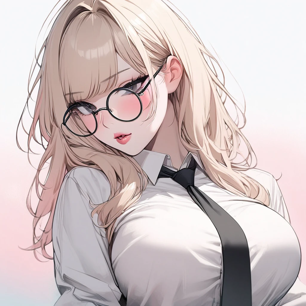 1 girl, solo, light blonde hair, black eyes, white shirt, pastel colors, big breast, lipgloss, big round glasses, korean, straight bangs, pink cheeks, sexy, professional, smart, black tie, elegant, hot, sultry, fuck