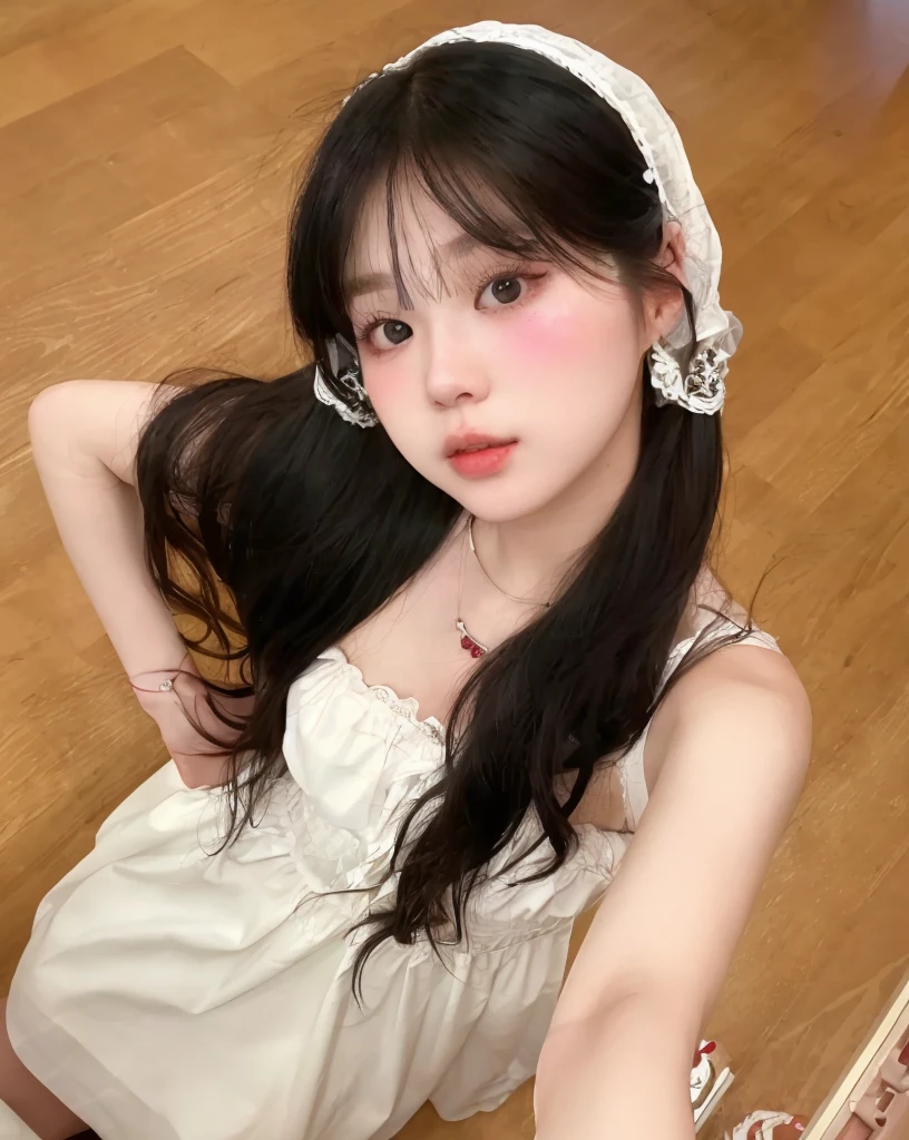 there is a woman that is sitting on the floor with a suitcase, ulzzang, white hime cut hairstyle, young adorable korean face, 8k selfie photograph, long white hair and bangs, jinyoung shin, pale milky white porcelain skin, young cute wan asian face, whitebangsblackhair, sakimichan, with cute - fine - face