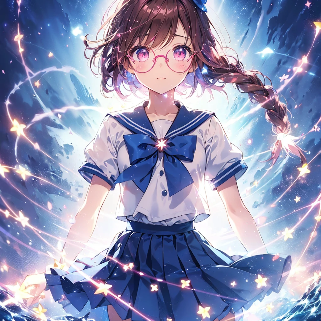1girl, magical girl, transformation scene, glasses, brown eyes, long brown hair in single braid, sailor uniform with blue collar and skirt, red neckerchief, ((shimmering light particles:1.2) enveloping the girl's body), (large breasts), large buttocks, voluptuous, (pink bright beams of light in the background:1.2)