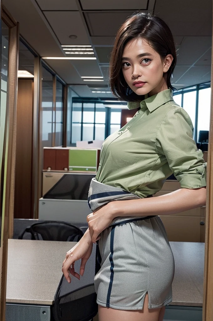 Masterpiece, Excellent, (office: 1.8), Very detailed CG drawing, stand, 1 royal sister, angry, woman with short tan hair, underwear, Hands crossed at the waist., Facing the audience, illustration, Panoramic panoramic