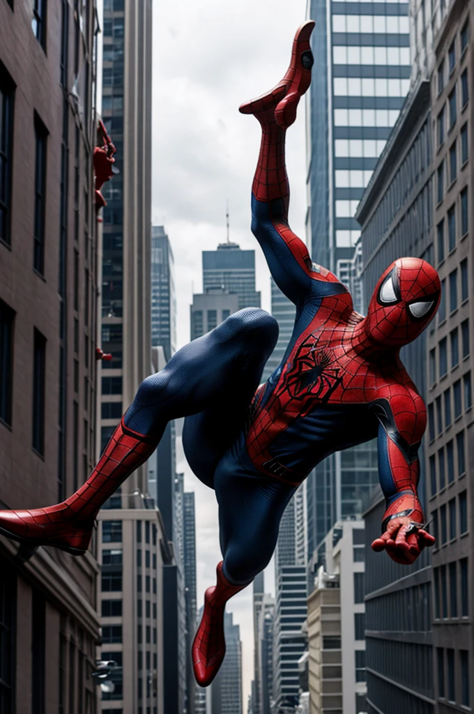Spiderman 2099, Spiderman sees himself falling off a building while it's raining and the city is painted in purple and blue lights.
