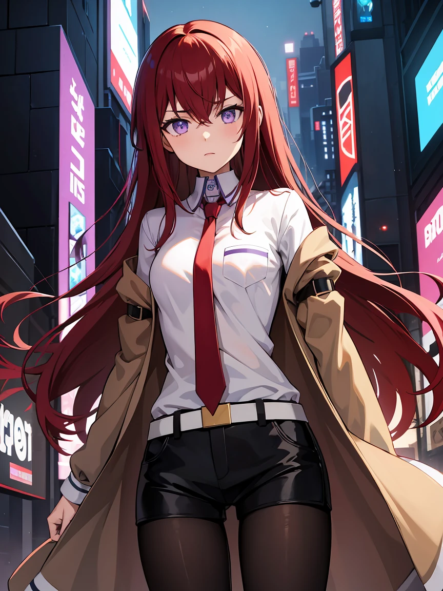 kurisu makise, hair between eyes, hair over shoulder, long hair, (purple eyes:1.1), red hair, straight hair, black pantyhose, black shorts, brown coat, coat, collared shirt, long sleeves, necktie, pantyhose, pantyhose under shorts, shirt, short shorts, shorts, sleeves past wrists, white shirt, wing collar, Standing against a wall in a cyberpunk city of the future, staring ahead with a detached gaze