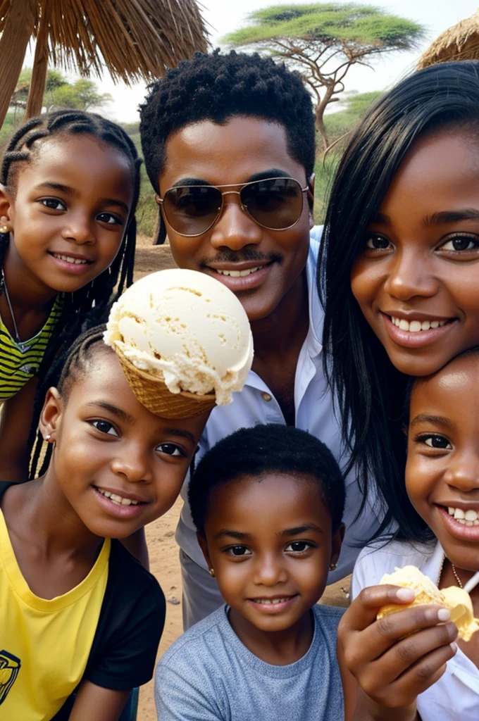 Michel Jackson taking a selfie in Africa with an ice cream and children behind