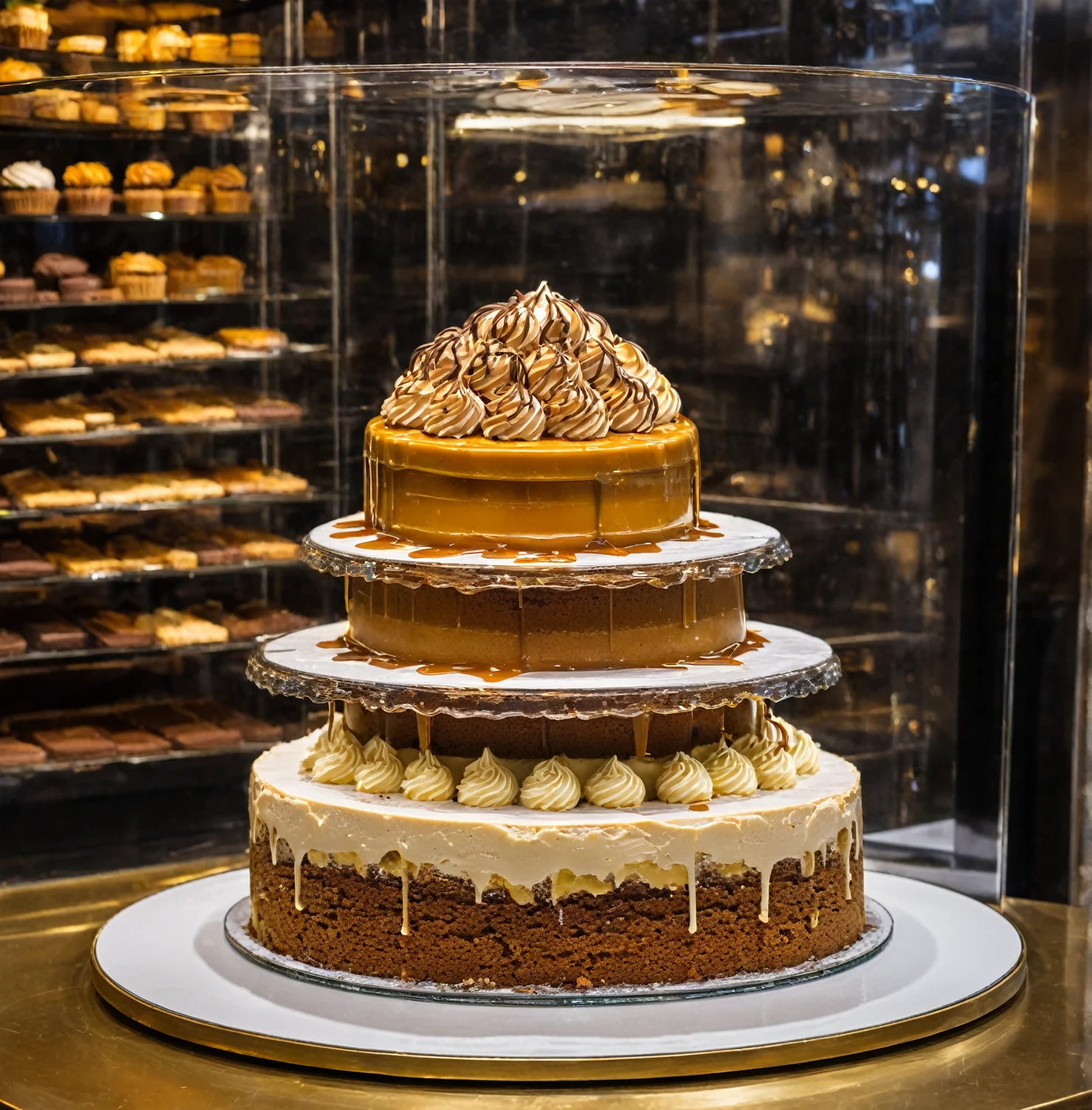 2-tier caramel cake with ice cream, slices of cakes in a showcase.