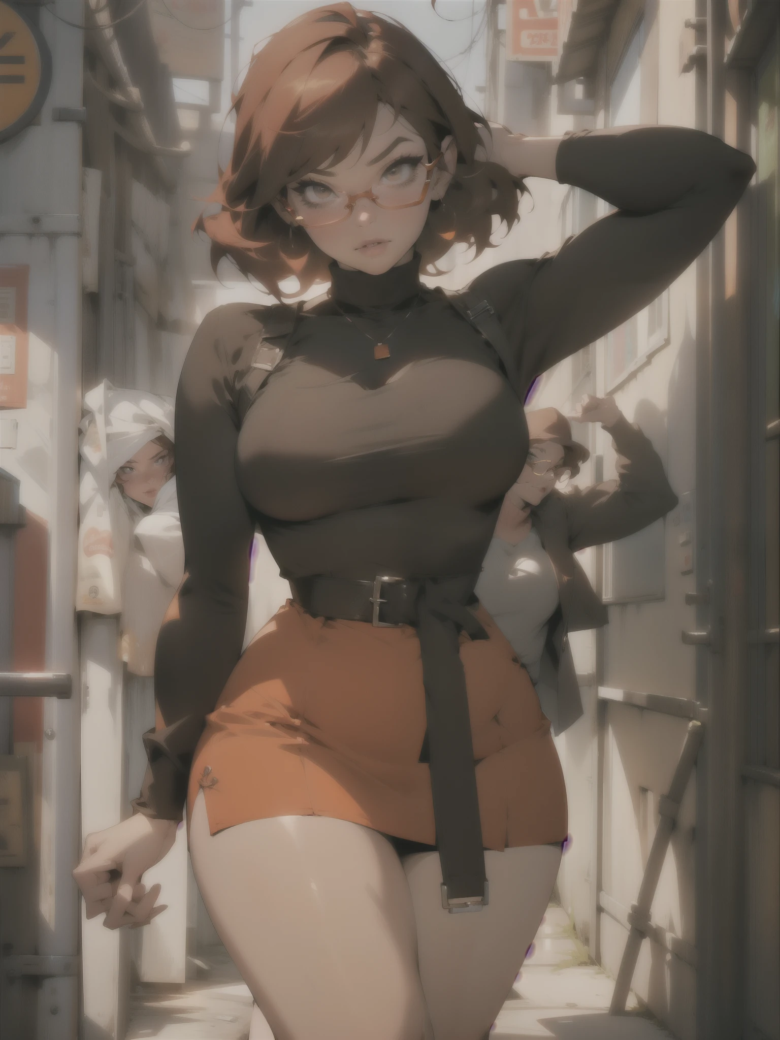 (((waist up))), (((perfect body))), (((voluptuous))), (((hot))), thick thighs, Velma Dace Dinkley ager (from the Scooby-Doo series), posing for self with a ghost behind her, arm stretched out for freight as if she were holding a cell phone, comedic scene, perfect body, gorgeous and intelligent face, front view, mini skirt, glasses, big breasts, hot, short brown hair, orange turtleneck blouse, red skirt, waist up