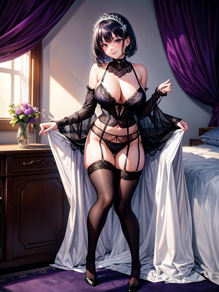 Highest quality,Highest Resolution,Beautiful smiling girl in underwear bathing in the morning sun in her bedroom,Full body close-up,looking at the camera,Large silver eyes,Black underwear,High leg,Black garter belt,Black knee-high stockings,Purple Bedroom,Black bedding,short hair,Purple curtains,