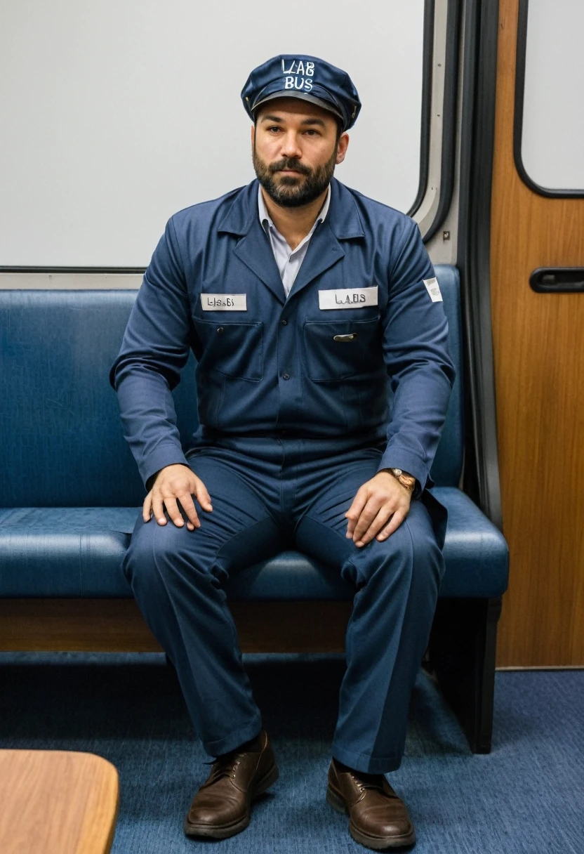 RAW photo, full body, a 35-year-old man, ((dressed as a lab Bus Driver)), is sitting on a guest sofa, looking towards the audience, wearing shoes, with both hands forward on his knees, straight forward position, wear trousers, wearing a hat, in front of view angle,