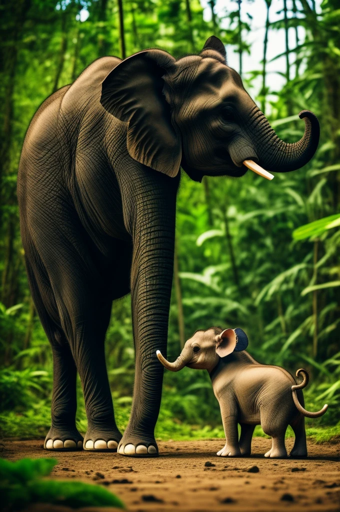 elephant and a mouse facing each other [being in the jungle]