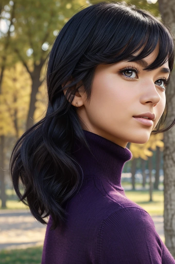 An image of a young woman with shoulder-length black hair and purple eyes, drawn in the style of "my hero academia". Her skin is medium tone with a warm undertone.. He has a calm and friendly expression, with delicate and well-defined features: big expressive eyes with long eyelashes, a small, straight nose, and lips slightly curved in a soft smile. He is wearing a dark purple turtleneck sweater.. The background shows a sunny park with trees, a lake and buildings in the distance, all drawn in the bright and detailed style characteristic of "my hero academia".