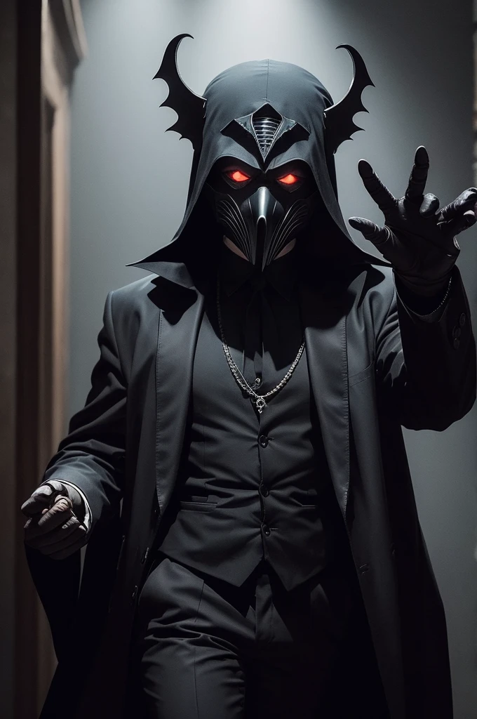 A shadowy killer in a vulture mask comes towards the camera with his hands open as if he is going to strangle someone, around a sinister gothic-style hall