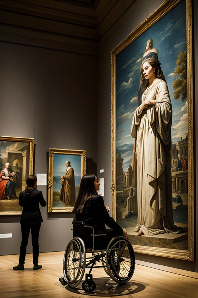 A young woman in a wheelchair looking at a work of art in a museum in Paris