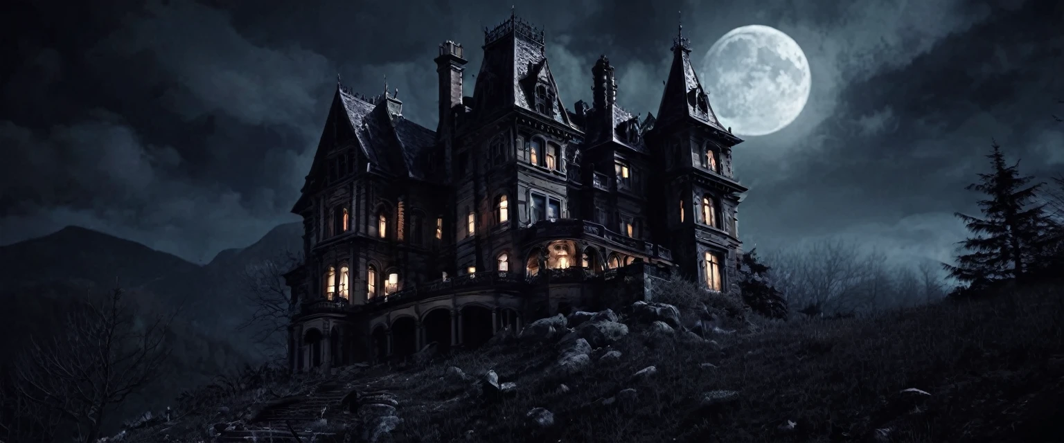 Dark gothic mansion on mountain night horror